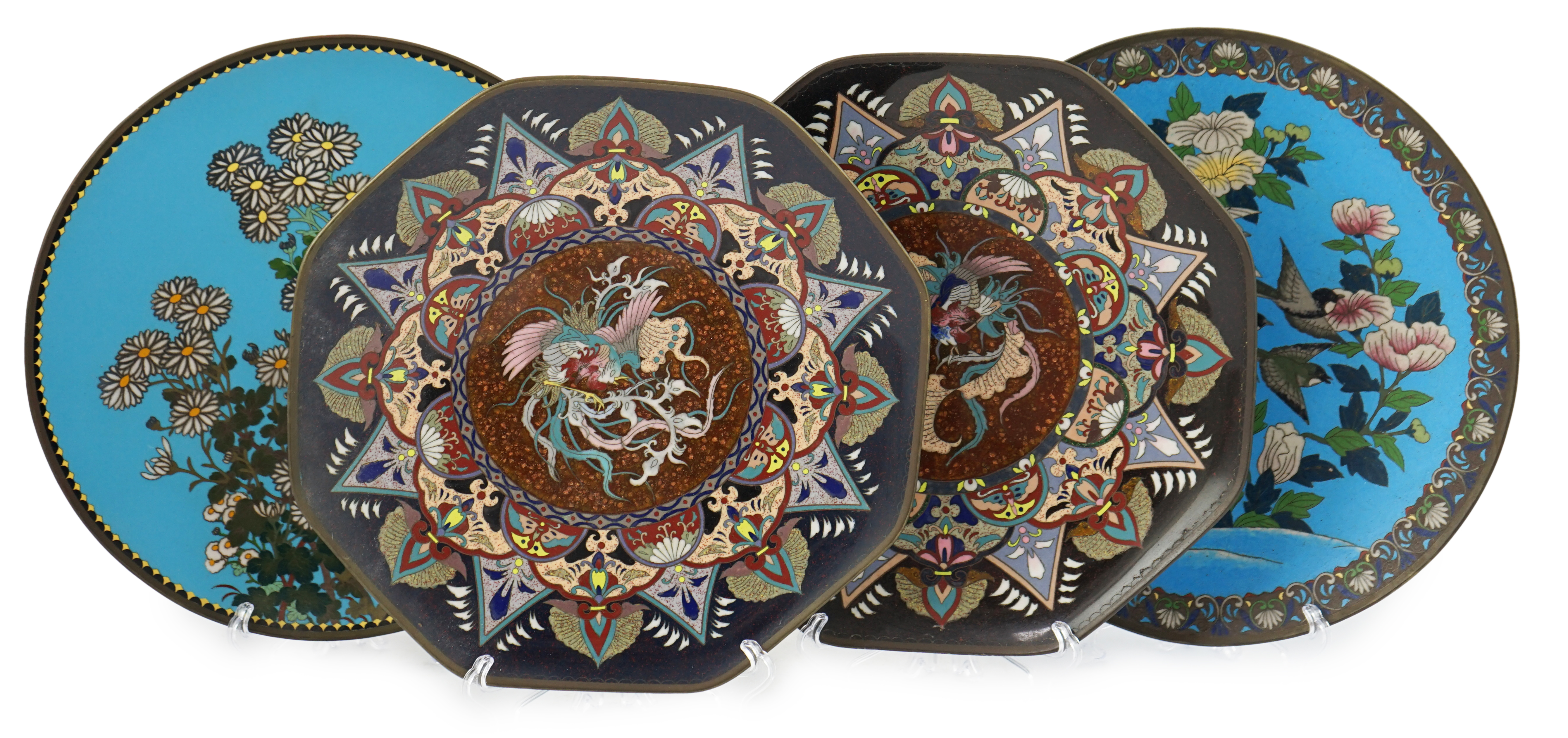 Four Japanese cloisonné polychrome enamel dishes, early 20th century